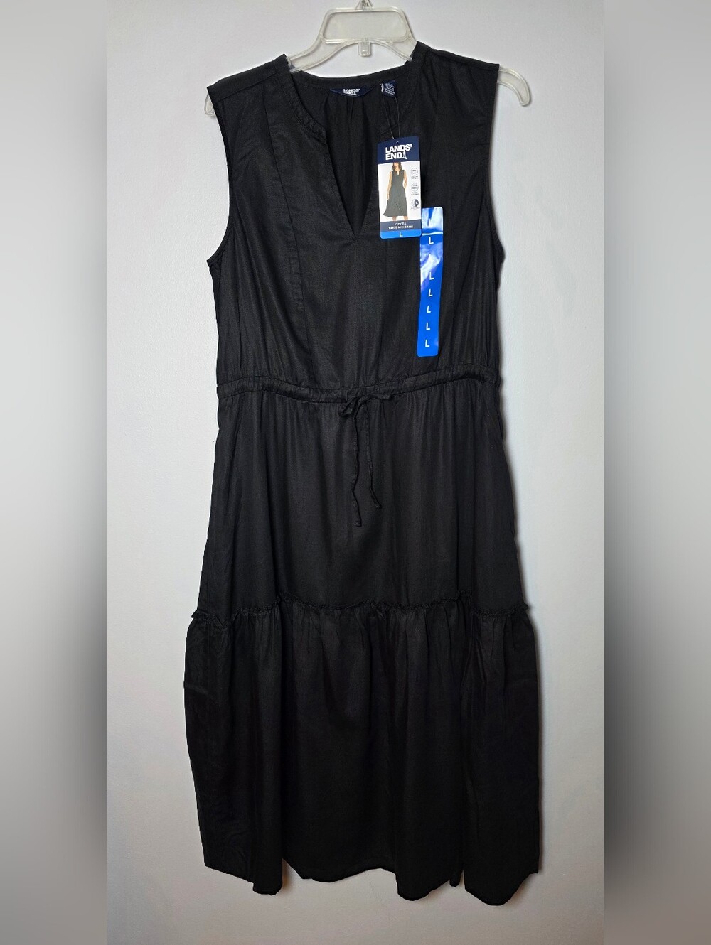 Lands' End Sz L Lyocell Sleeveless Midi Dress Black Tiered Drawstring Waist